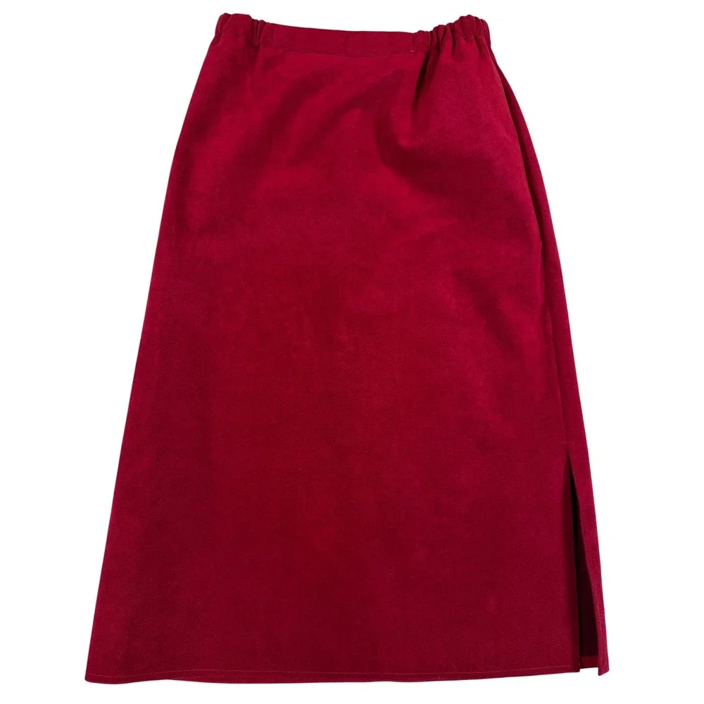 Vtg Red Faux Suede Midi Skirt High Waisted Slit Sz Sm Cranberry Pencil Holiday